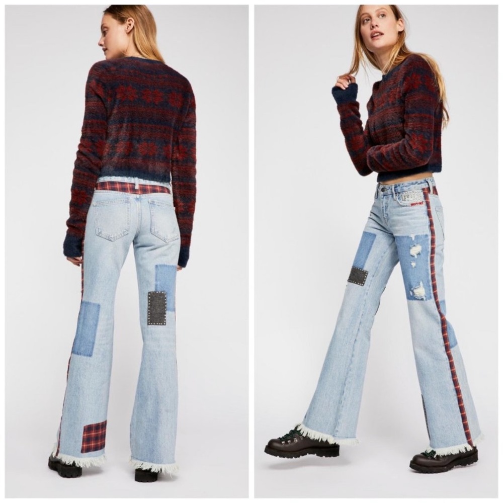 FREE PEOPLE WE THE FREE MIX PLAID PATCH FLARE JEANS SIZE 27